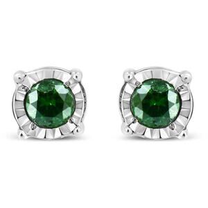 Sterling Silver Rose Cut Treated Green Diamond Solitaire Stud Earrings